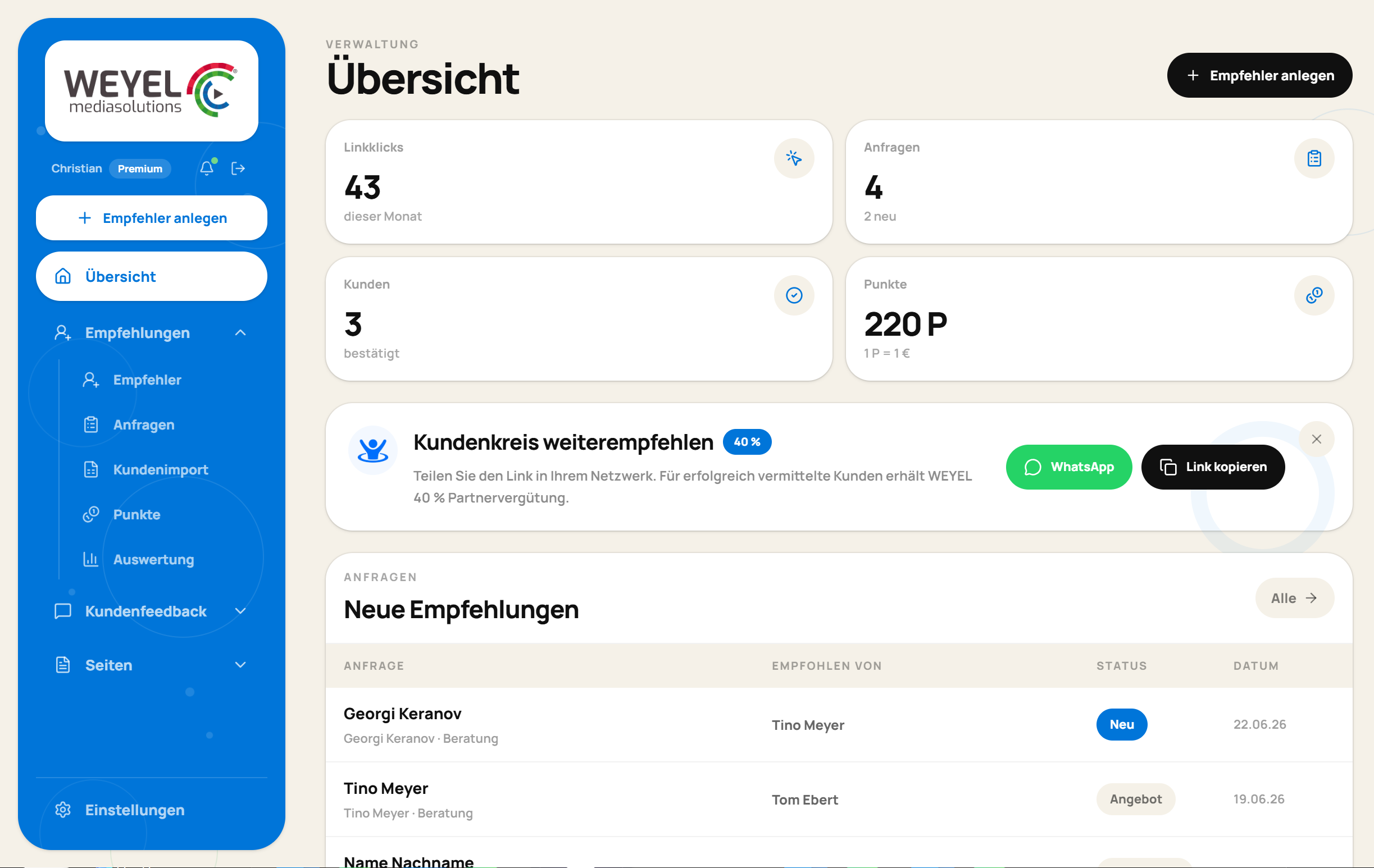 Kunden Kreis — referral CRM dashboard